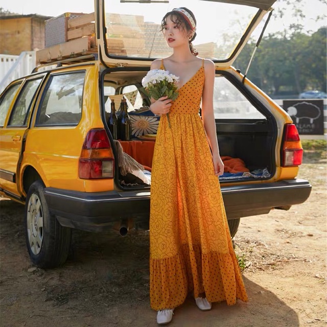 Váy đầm maxi boho thổ cẩm hở lưng cổ V 2 dây dáng xoè phối đuôi cá chấm bi vintage đi du lịch đi biển