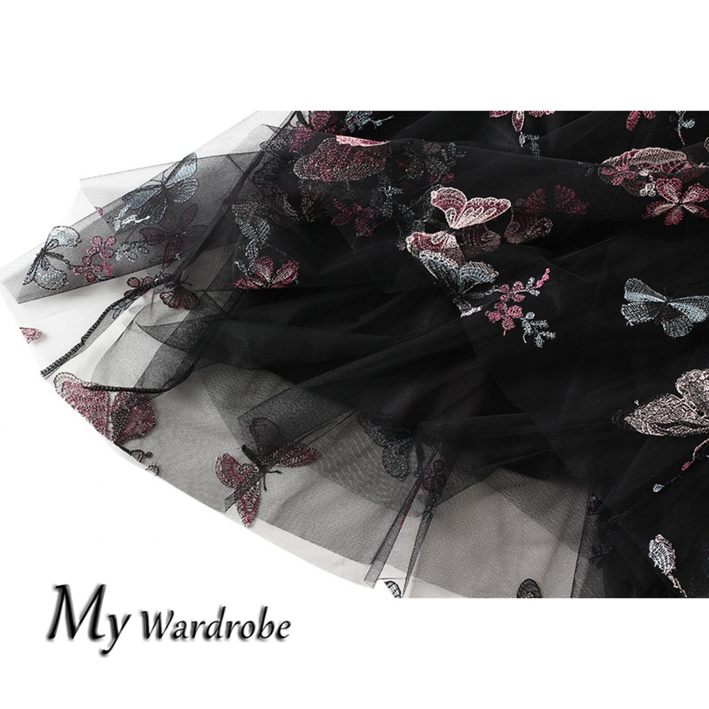 Chân Váy Lưới Thêu Hình Bướm Dáng Xòe Lưng Cao Dài Trung Bình Cho Nữ（1813 ）