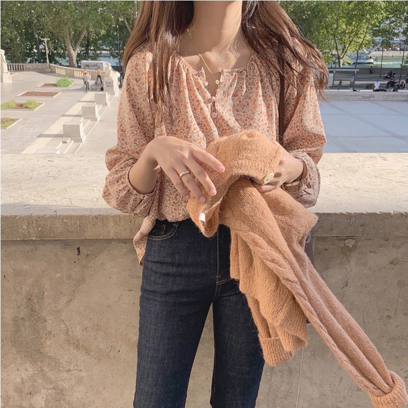 Áo Sơ Mi Chiffon Tay Dài Cổ Tròn Dáng Rộng In Hoa Nhỏ Kiểu Hàn Quốc Hàng Mới Dành Cho Bạn Nữ