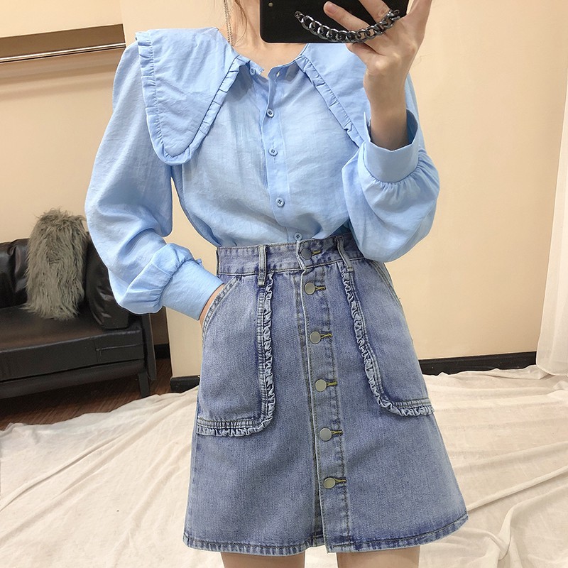 Set Áo Sơ Mi Tay Dài Cổ Búp Bê + Chân Váy Denim Eo Cao Đính Khuy Đơn Giản Trẻ Trung Cho Bạn Gái