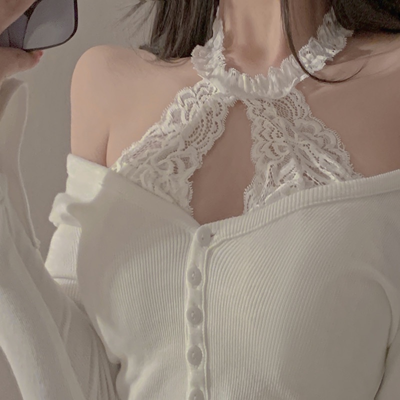 Cocory vn Set Áo Hai Dây Và Áo Khoác Cardigan Tay Dài Phối Ren Thời Trang Quyến Rũ Chống Nắng Cho Nữ