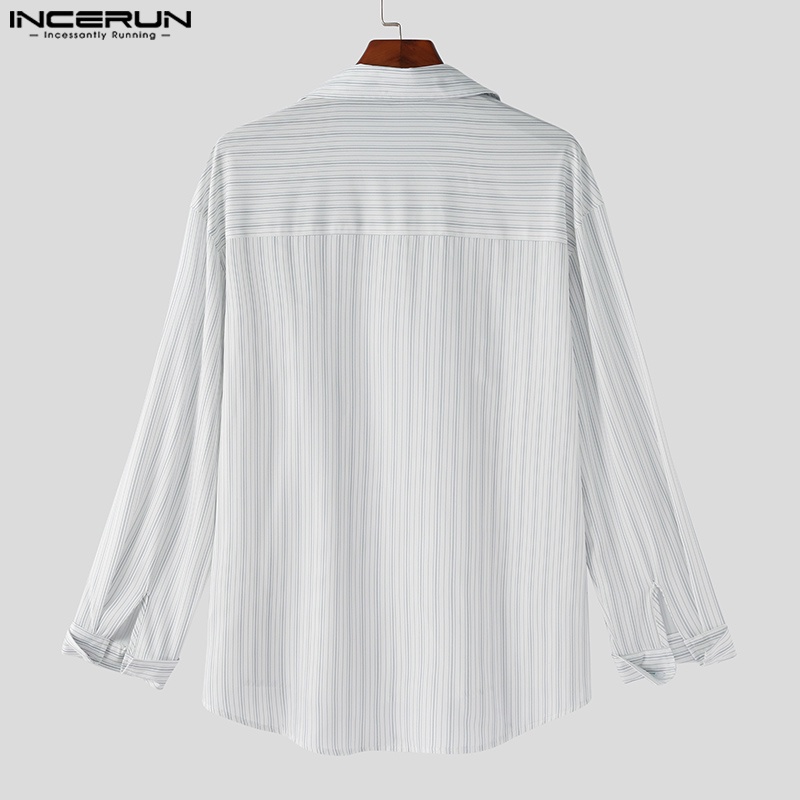 INCERUN Áo Sơ Mi Nam Baggy Tay Dài Họa Tiết Sọc Dọc Thời Trang