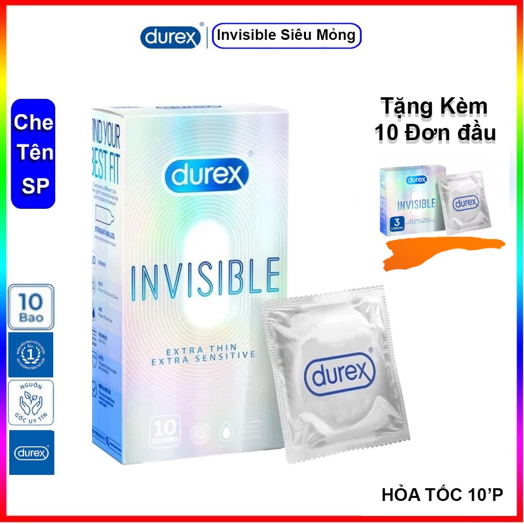 Bao cao su Siêu Mỏng Chính hãng Durex Invisible 10 bao, Tặng kèm hộp 3 bao siêu mỏng nhiều gel