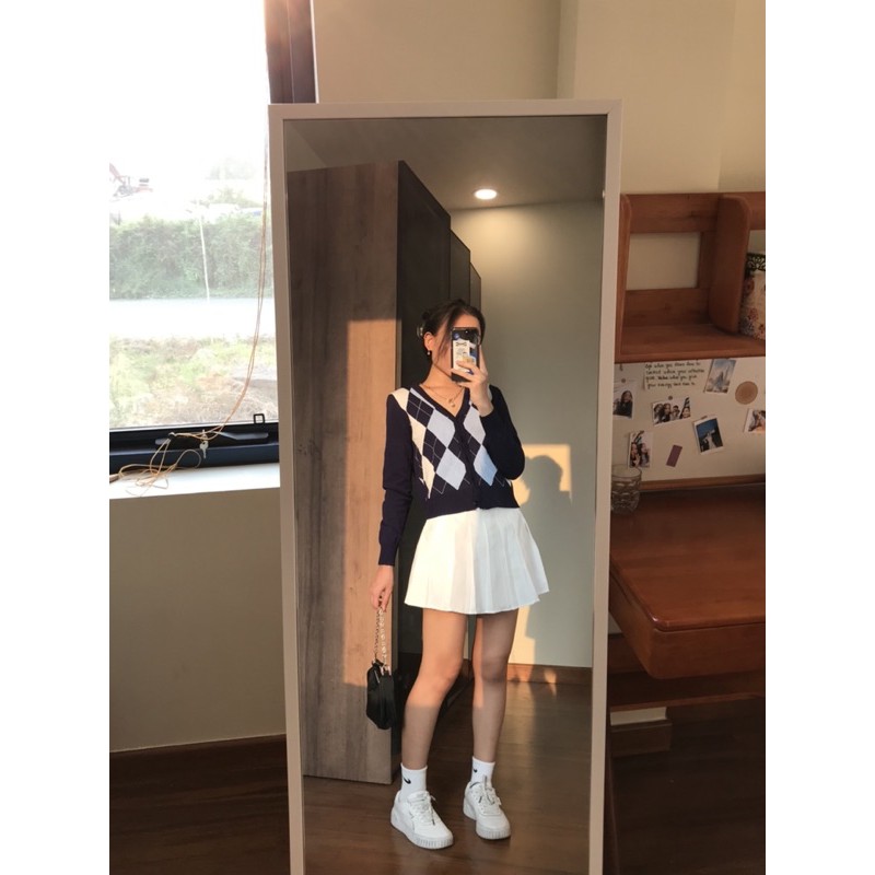 Cardigan kẻ caro xanh