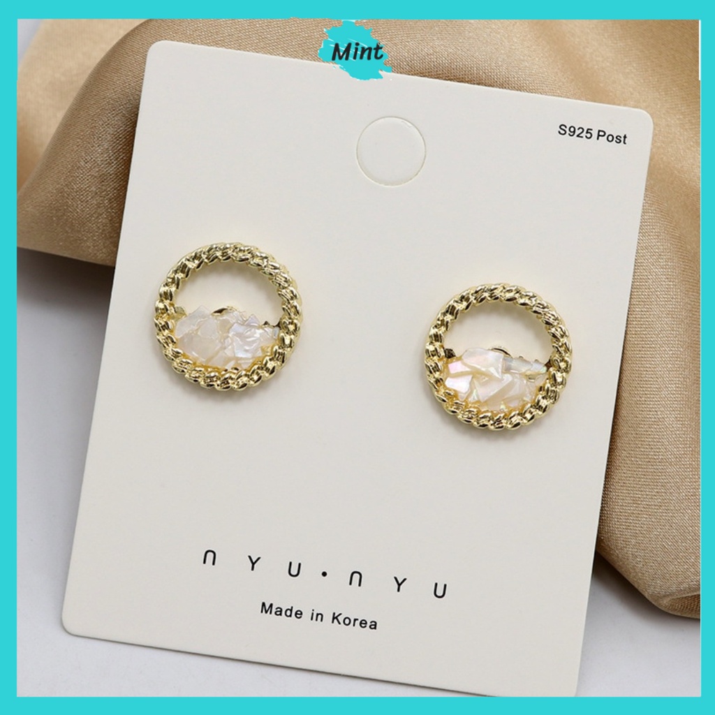 Bông Tai Vintage ❤️KHÔNG GÂY DỊ ỨNG❤️ Khuyên Tai Dáng Tròn Khảm Đá Thanh Lịch Chuôi Bạc S925