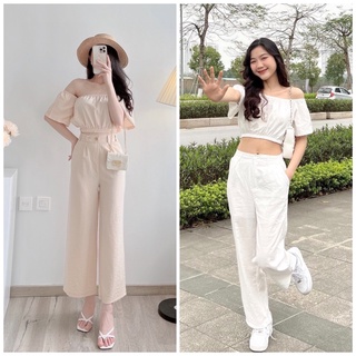 Set đồ đi biển,áo trễ vai kèm quần sang chảnh,đi chơi đi biển Linstore