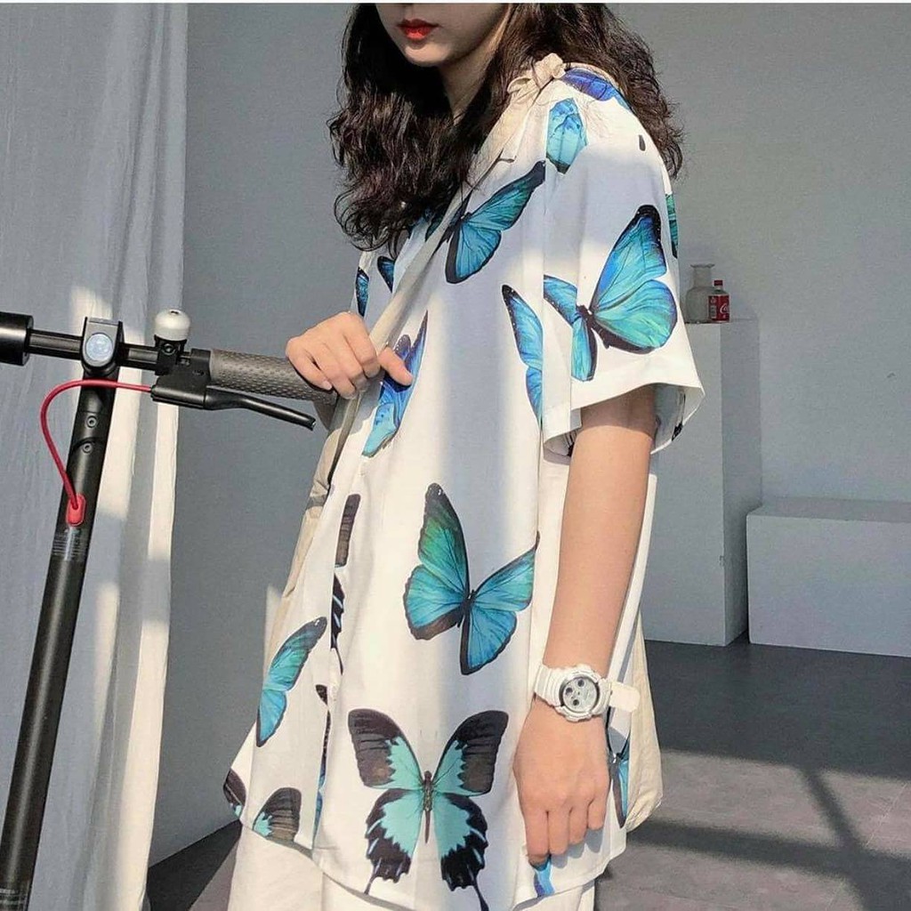 Áo Sơ Mi Tay Lỡ In Họa Tiết Bướm Xanh ZOOZOO