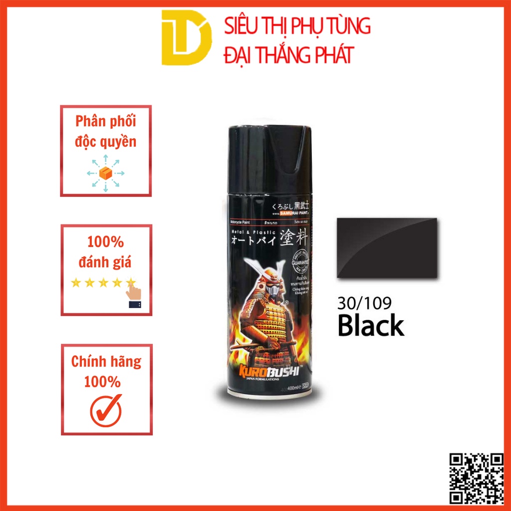 Sơn xịt Samurai chuyên dùng cho xe máy MÀU ĐEN BÓNG 30/109 Chống cháy, Chống rạn nứt, Vòi xịt chống chảy