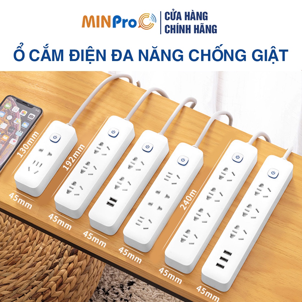 Ổ cắm điện đa năng thông minh MINPRO chống giật cao cấp, có công tắc, nhiều lỗ USB đa năng sạc đt xiaomi