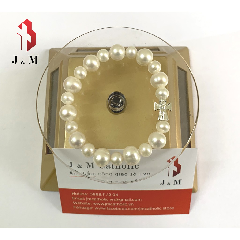 Chuỗi Mân côi tràng chuỗi đeo tay 10 hạt NT nuoi Phu Quoc kết hợp Thánh Giá đá pha lê 10mm