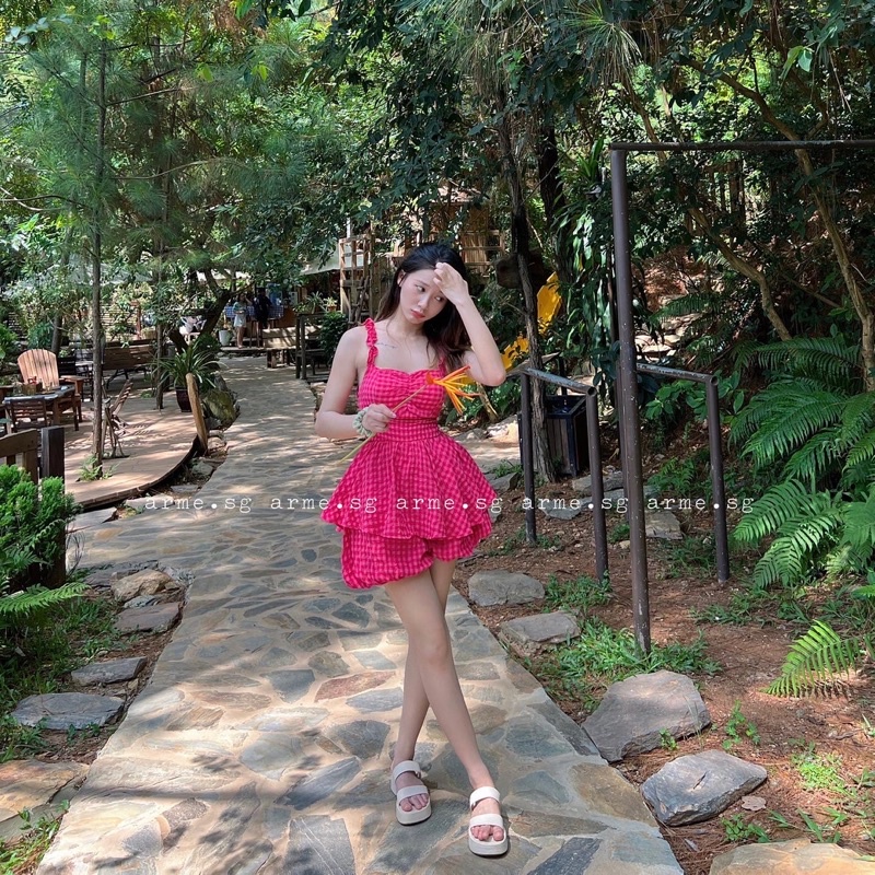 Jump xốp hai dây nhíu ngực nơ lưng dây cột, Set bộ hot trend tôn dáng