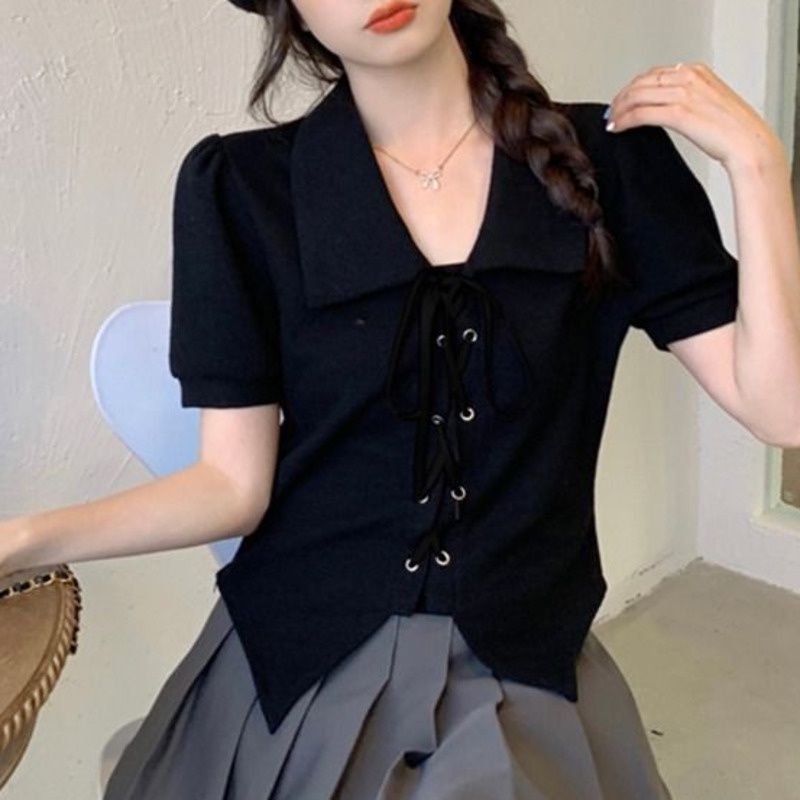 Áo sơ mi croptop RENJIANVSHENG 168522 tay ngắn kiểu dáng ngọt ngào thiết kế lệch tà phối dây thắt sành điệu