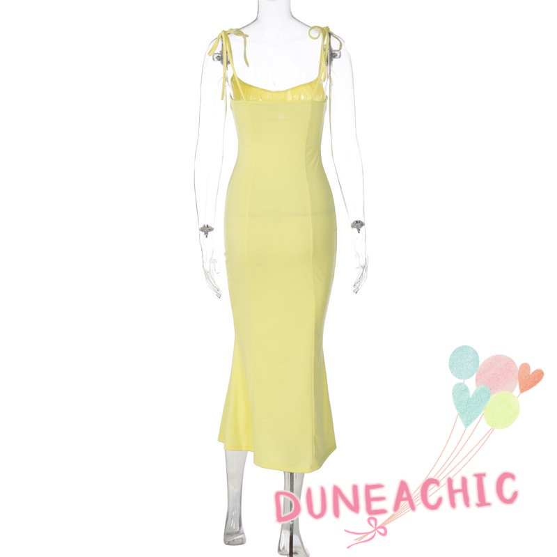 DUNEA Đầm Nữ Hai Dây Màu Trơn Xếp Ly Thời Trang
