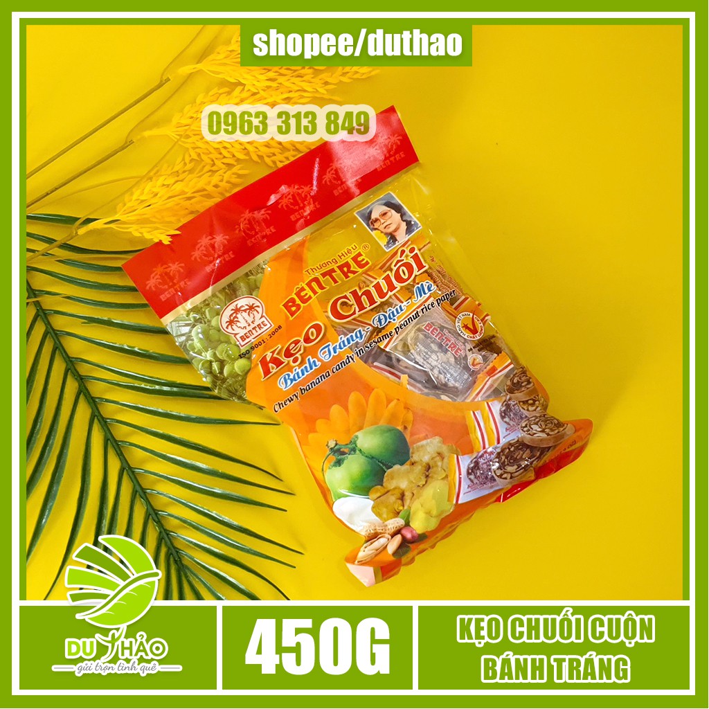 Kẹo chuối cuộn đậu phộng Bến Tre Hai Tỏ 450g, đặc sản kẹo chuối Bến Tre