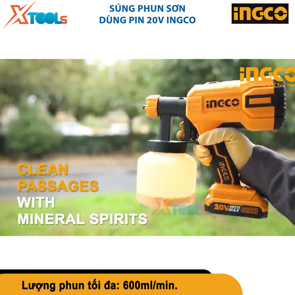 Súng phun sơn dùng pin Lithium 20V INGCO CSGLI2001 bình chứa 800ml, áp suất phun 0.1-0.2Bar [CHÍNH HÃNG][XTOOLS]