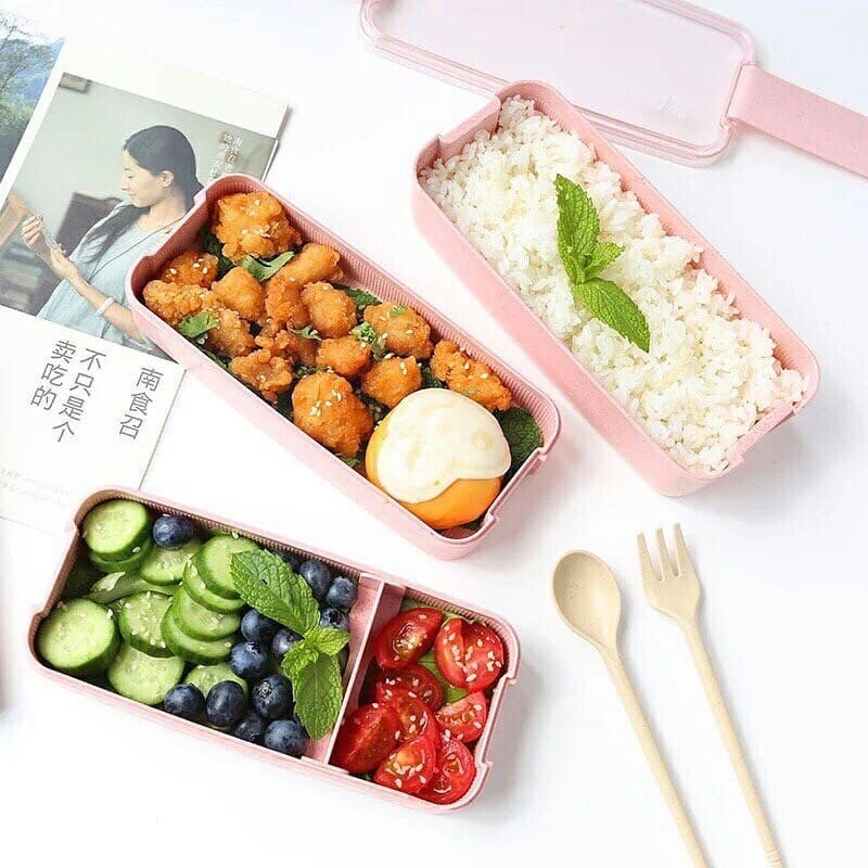 Hộp cơm 3 tầng lúa mạch kèm thìa,dĩa