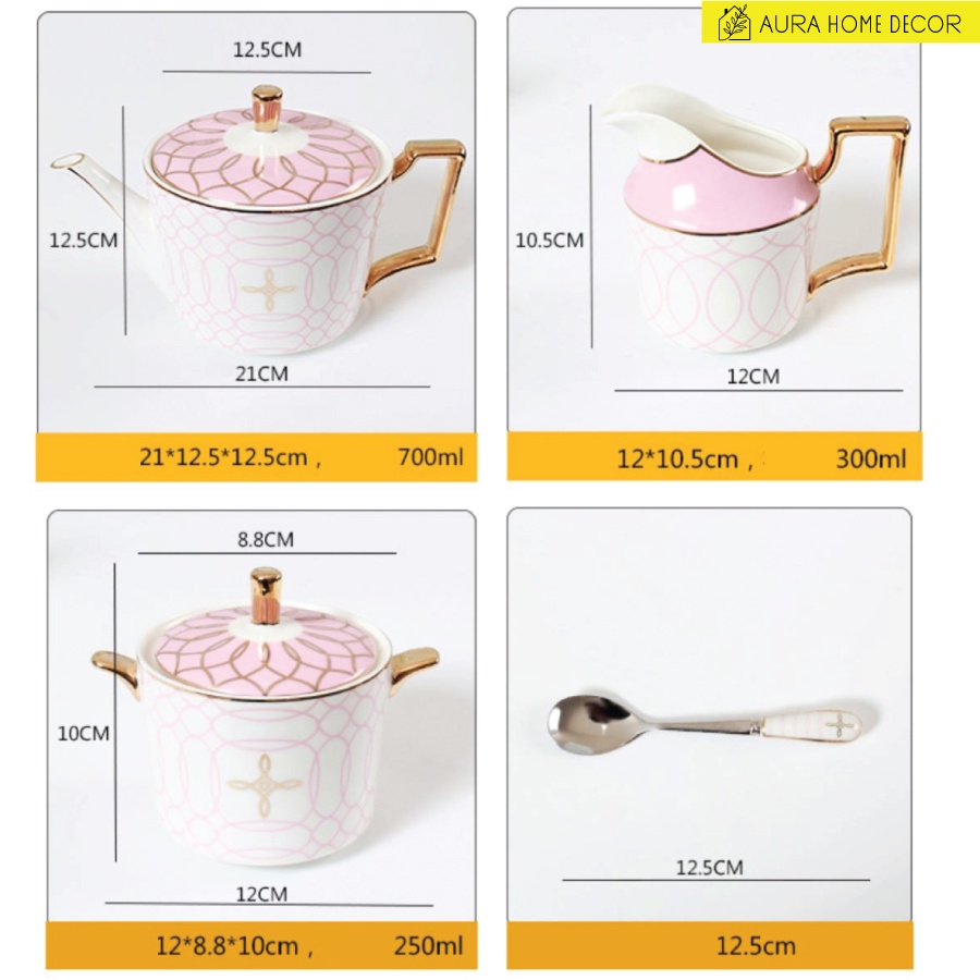 ✨ ẢNH THẬT ✨ Bộ ấm trà kim cương hồng 21 món Bone China dát v.àng 24K - Chất liệu cao cấp sang trọng tuyệt đối