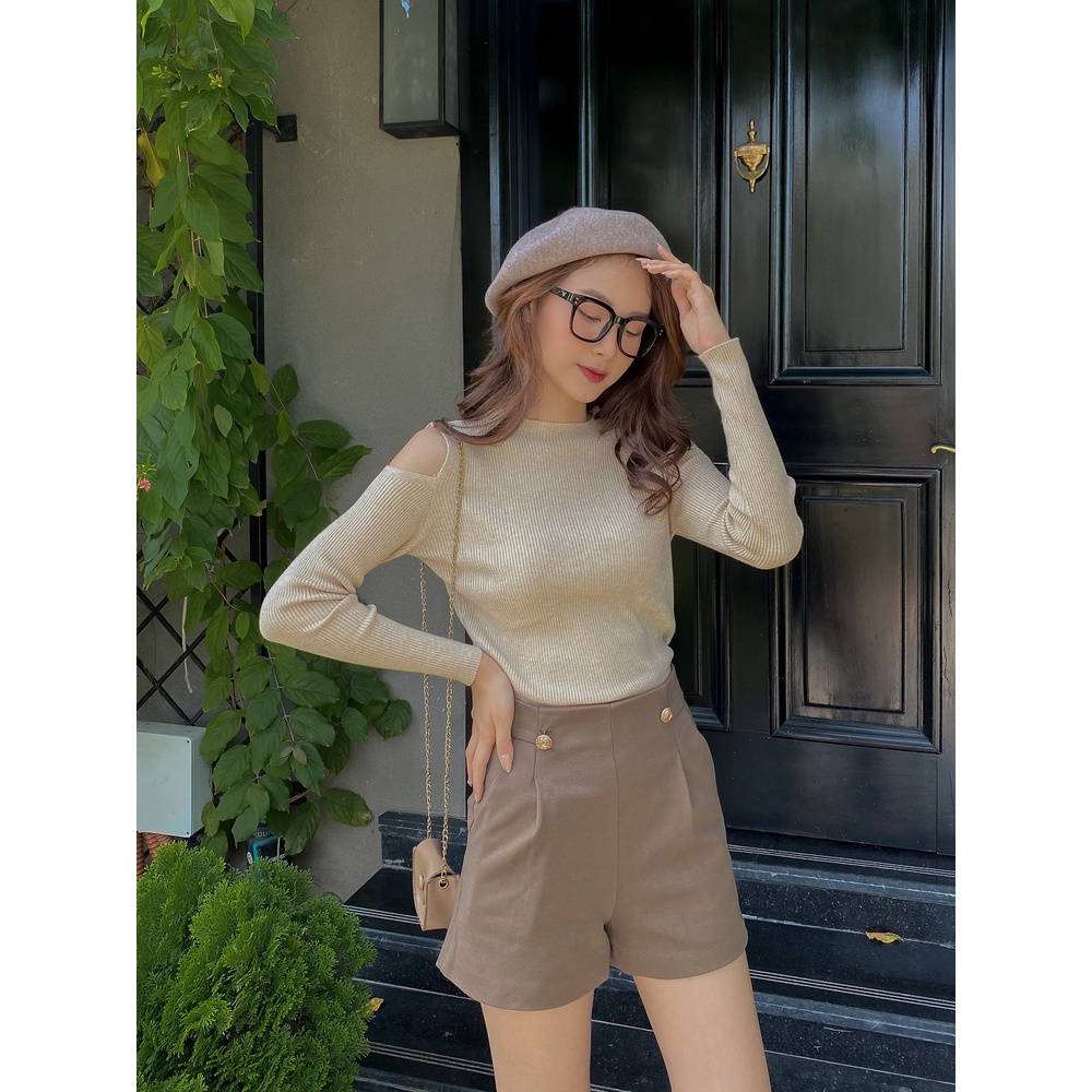 Áo len khoét vai nữ LYRA, chất len tăm mịn trơn baisc cổ tròn trơn xinh xắn, dễ thương-VSYAL0014