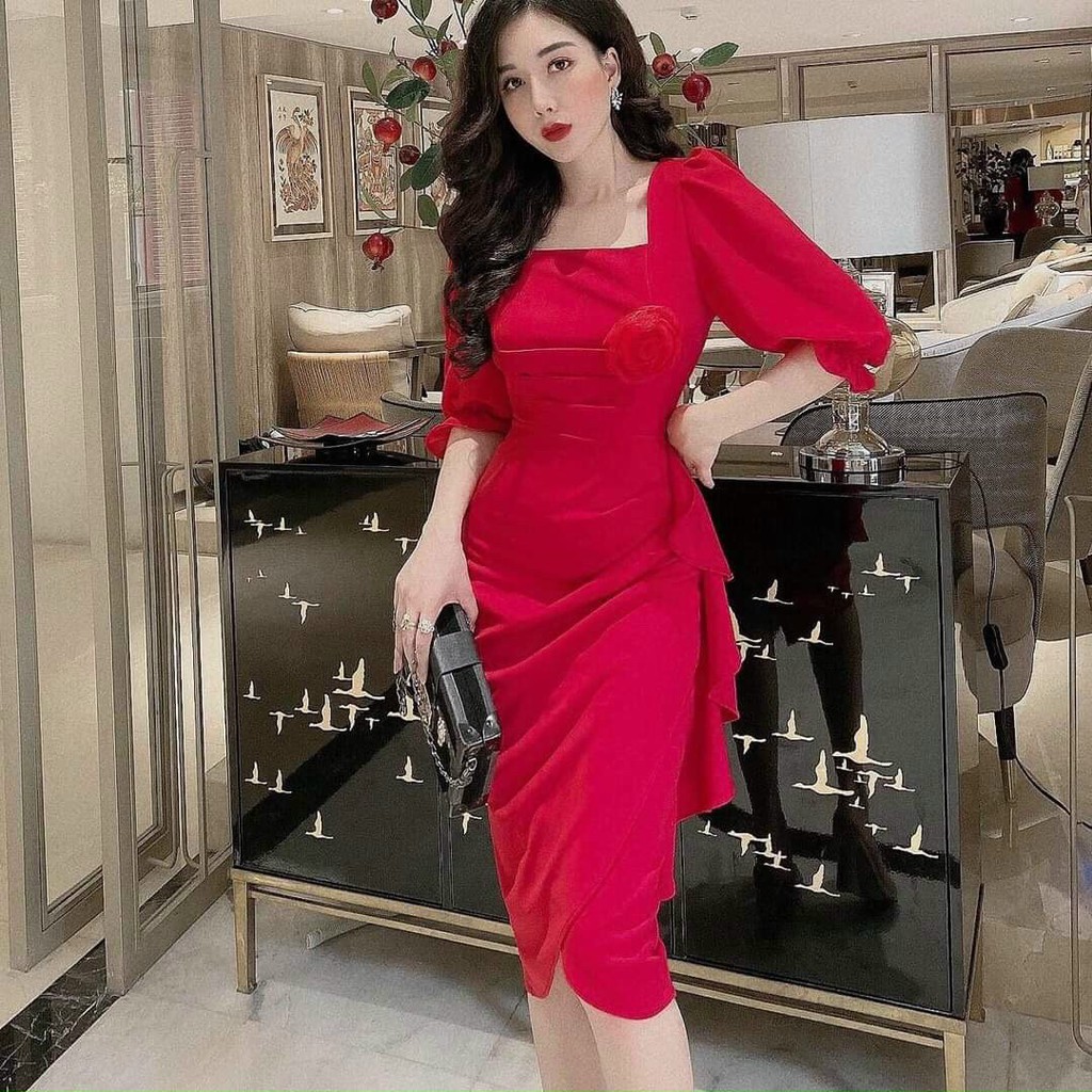 Váy đầm nữ body tay voan nhún bèo hông