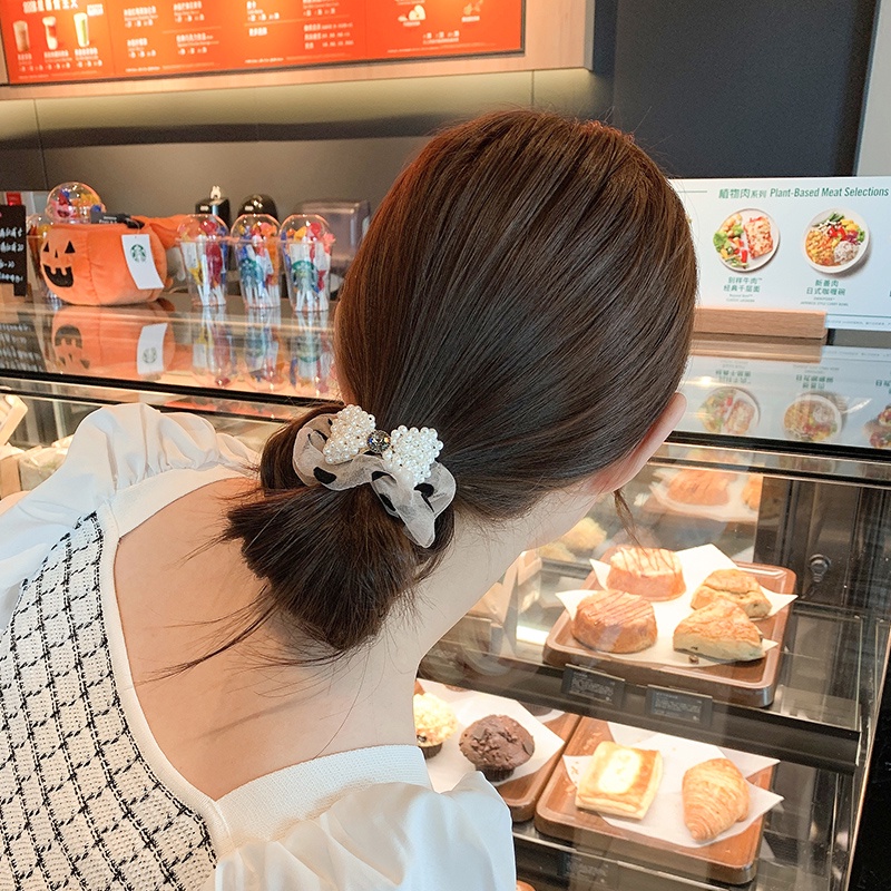 Dây Cột Tóc Nơ Họa Tiết Chấm Bi Đen Đính Ngọc Trai Phong Cách Hàn Quốc