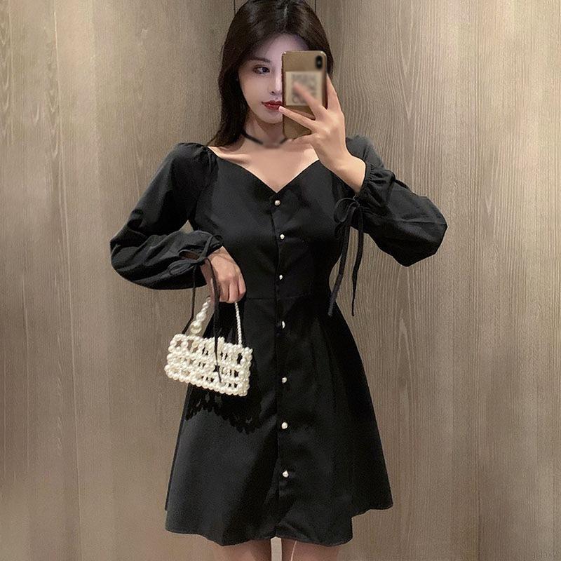 Đầm Nữ Dài Tay Cổ Bẻ Eo Thắt Dây Thời Trang Hàn Xinh Xắn