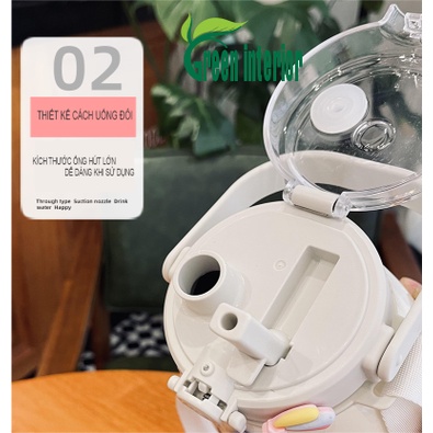 Bình giữ nhiệt Greeninterior dung tích 880ml, bình đựng nước cute có ống hút, inox 304 cao cấp kèm hình dán 3D Màu Trắng
