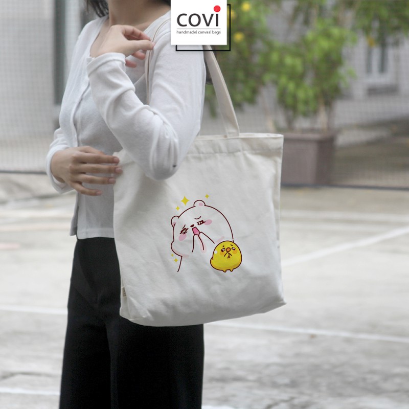 Túi Tote Vải Canvas Chữ Nhật Ngang In Hình Thời Trang COVI Màu Đen Và Mộc T40