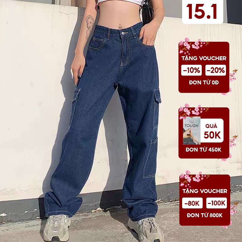 [Mã LTP50 giảm 50000 đơn 150000] Quần jeans nữ Baggy Jeans QD002 thiết kế túi hộp 2 bên - Uni By Heart