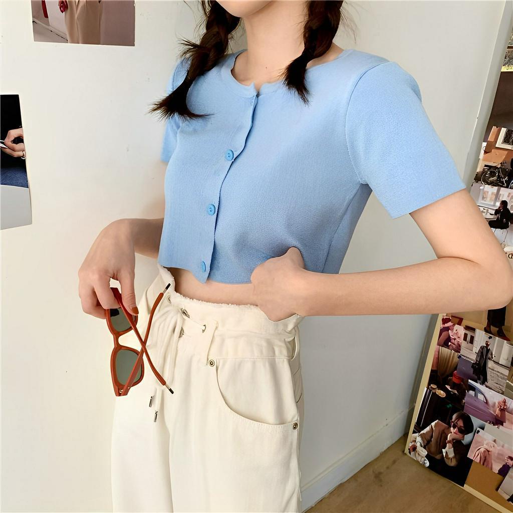 Áo Croptop Nữ Ngắn Tay Madela Khuy Cúc Cổ Tròn Ôm Body, Croptop Cổ Tròn Tay Ngắn Vải Bozip Cotton Dày Dặn