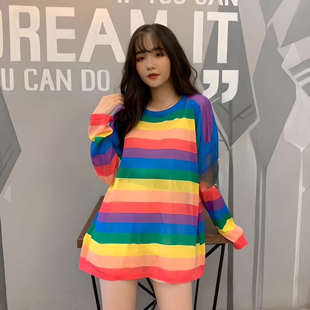 Áo len kẻ cầu vồng hàng Quảng Châu - áO LEN MỎNG FOM THỤNG XINH XẮN