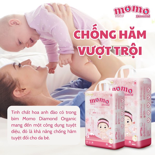 Bỉm tã dán/quần MOMOTARO - MOMO DIAMOND ORGANIC S112/S64/M96/M60/L84/L54/XL78/XL50/XXL48/XXXL46 tinh chất hoa anh đào