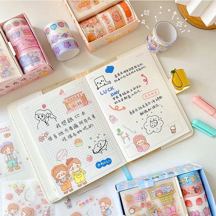 Bộ Băng Keo Dán PET Họa Tiết Hoạt Hình Dễ Thương Độc Đáo Trang Trí Sổ Tay DIY