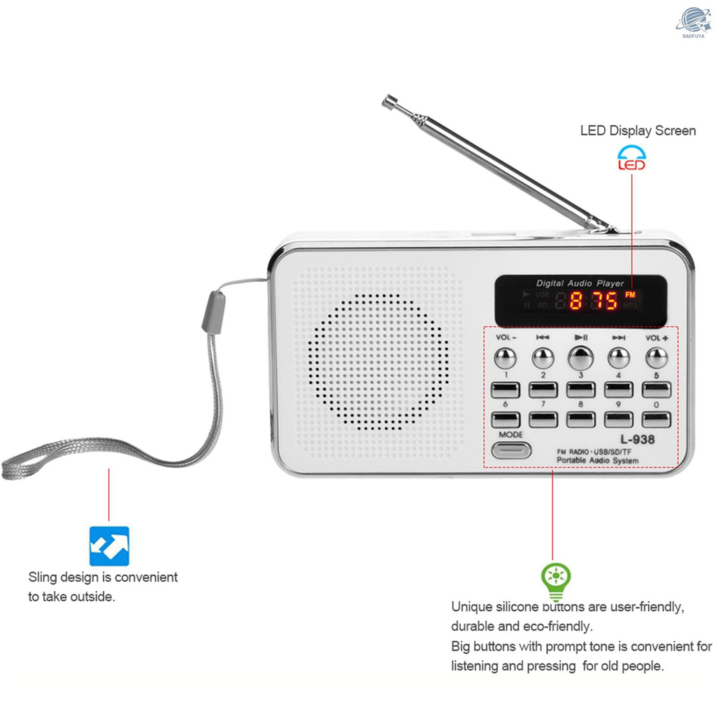 BF L-938 Mini FM Radio Digital Portable 3W Stereo Speaker MP3 Audio Player High Fidelity Sound Quality w/ 1.5 Inch Display Screen Support USB Drive TF SD MMC Card AUX-IN Earphone-out