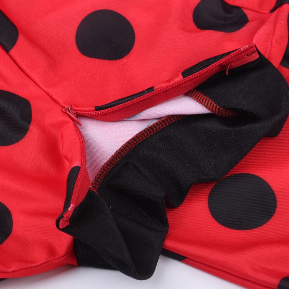 Bộ Áo Liền Quần Chấm Bi Đỏ Kèm Túi Mắt Mèo Đen Hóa Trang Halloween Cho Bé Gái