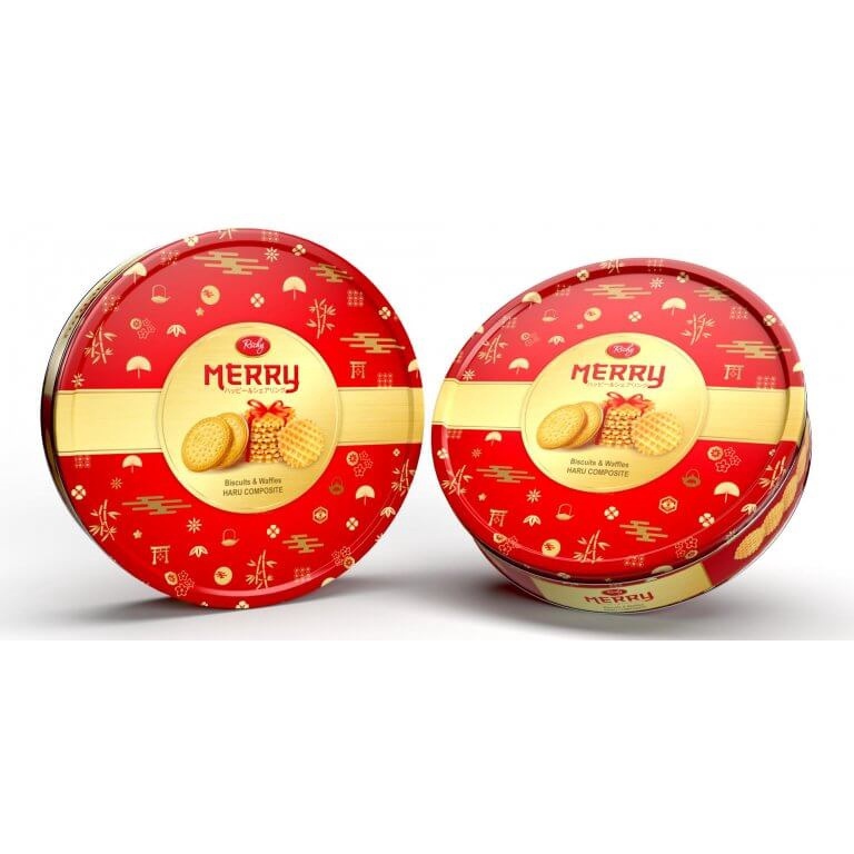 BÁNH HỘP THIẾC MERRY NHẬT BISCUITS &amp; WAFFLES RICHY 333G MÀU XANH + ĐỎ