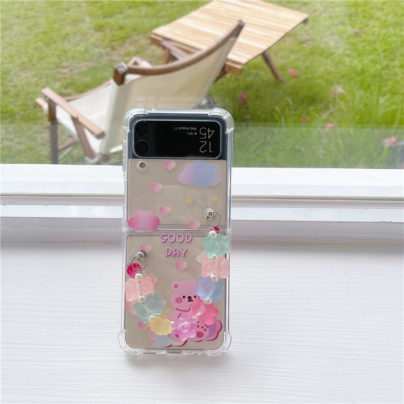Ốp Điện Thoại Mềm Trong Suốt Chống Sốc In Hình Gấu Hoạt Hình Kèm Dây Đeo Cho Samsung Galaxy Z Flip 3 5G