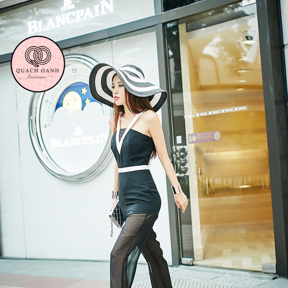 Mũ cói mềm, nón cói đi biển rộng vành sọc đen trắng phong cách vintage chống nắng – MU45