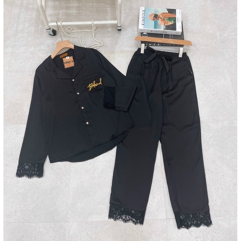 [Hàng mới ❤️‍Dưới 62kg] Bộ pijama mặc nhà LỤA LATIN tay dài phối ren túi thêu chuẩn thiết kế QCCC