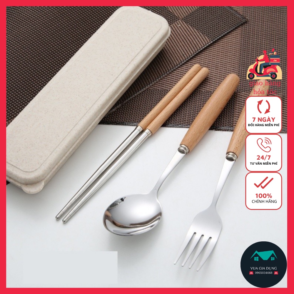 Bộ 3 Món Thìa, Đũa, Dĩa Lúa Mạch Chất Liệu Inox Không Rỉ Kèm Hộp, Bộ Muỗng,Thìa, Nĩa Dùng Cá Nhân