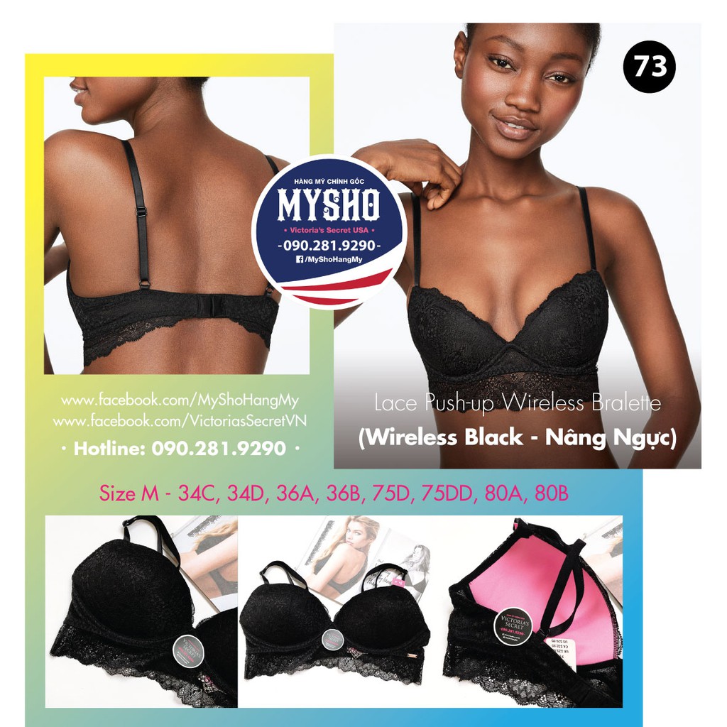 Áo Lót bralette 73 Lace Push-up Wireless Black, màu đen, mút nâng, gài sau - Size M - hàng nhập Victoria's Secret
