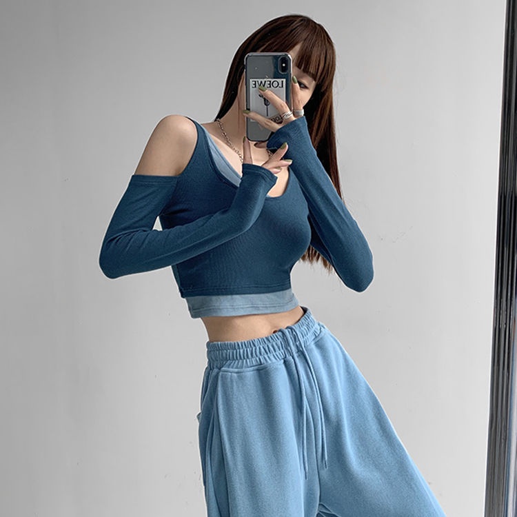 Áo Kiểu Tay Dài Hở Vai Giả Hai Lớp Màu Sắc Tương Phản Thời Trang Dành Cho Nữ