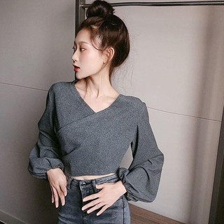 Áo thun lửng cổ V tay phồng dài thời trang Hàn Quốc cho nữ colorbob