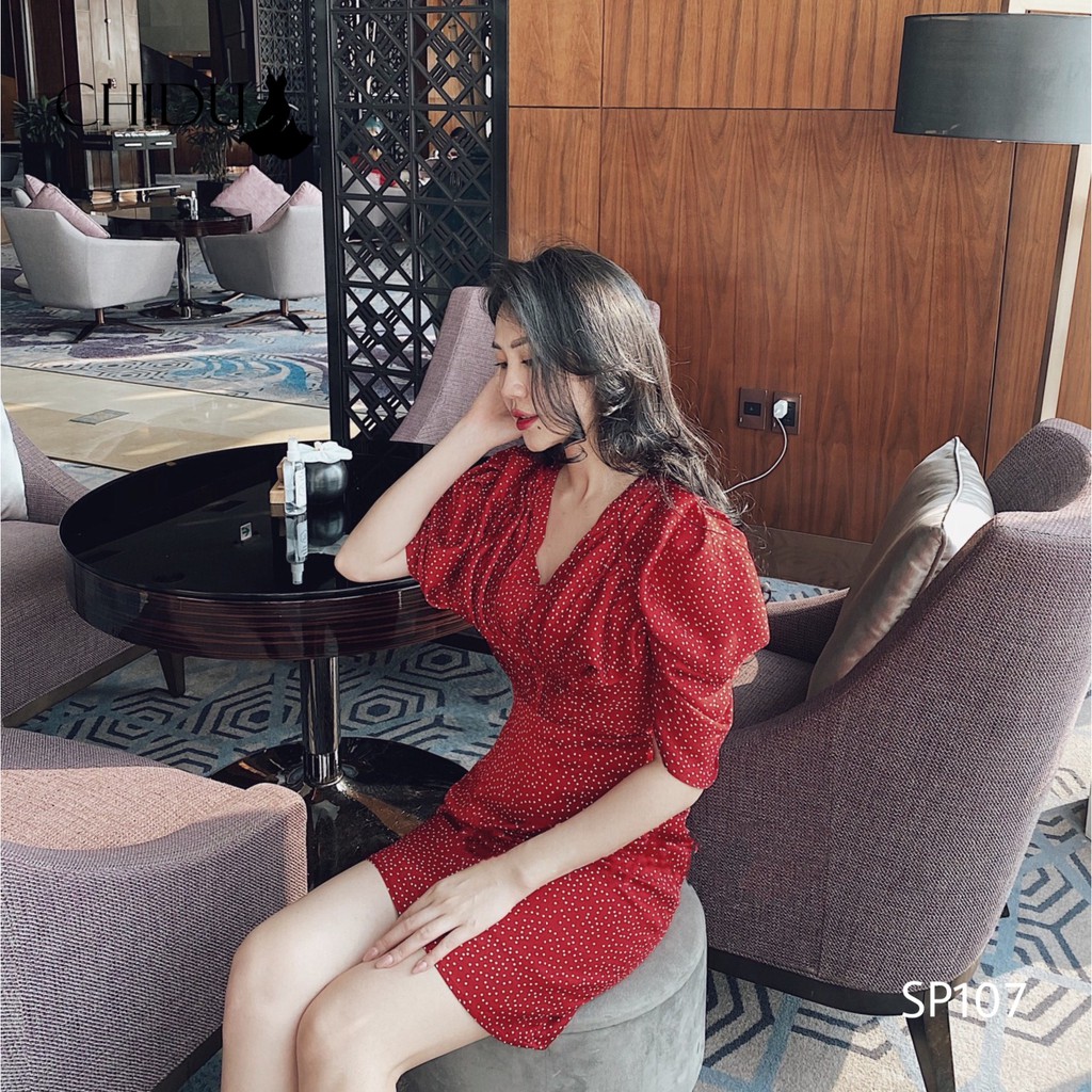 CHIDU Đầm công sở tay bồng hoạ tiết chấm bi SP107 | BigBuy360 - bigbuy360.vn