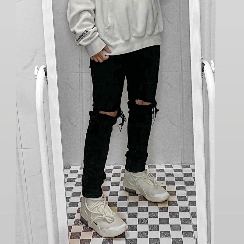 Quần Jean Đen Rách Gối To Phối Boots, Sneaker, Quần Jean Co Dãn