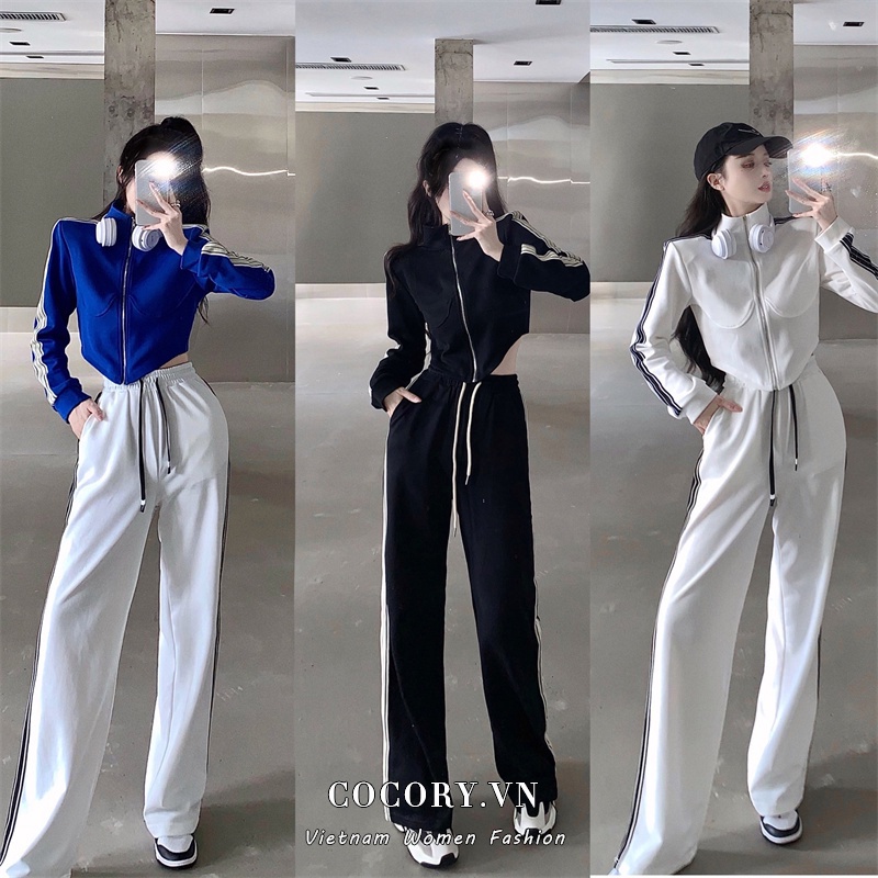 Cocory vn Set Đồ Thể Thao Áo Tay Dài / Quần Dài Lưng Cao Ống Rộng Thời Trang Cá Tính Cho Nữ
