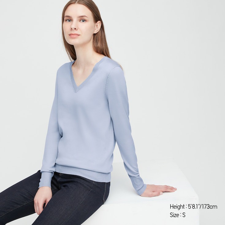 (UNIQLO Nhật chính hãng) Áo len lông cừu Merino cổ tim dài tay (Merino Extra Fine V Neck Sweater Long Sleeves)