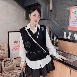 Áo gile vạt chéo đính hạt hoa trà sang chảnh