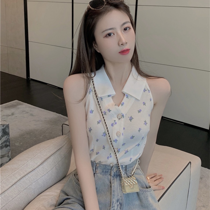 Áo Dệt Kim Sát Nách Cổ Chữ v Họa Tiết Hoa Màu Trơn Phong Cách Quyến Rũ Cho Nữ