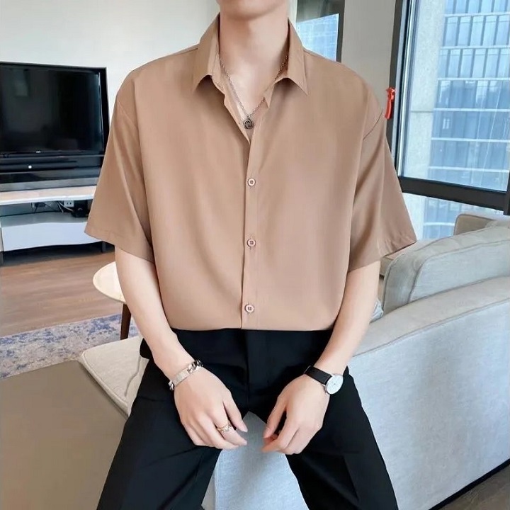 Áo sơ mi ngắn tay form rộng, thời trang hiện đại unisex chất liệu vải lụa mềm chống nhăn