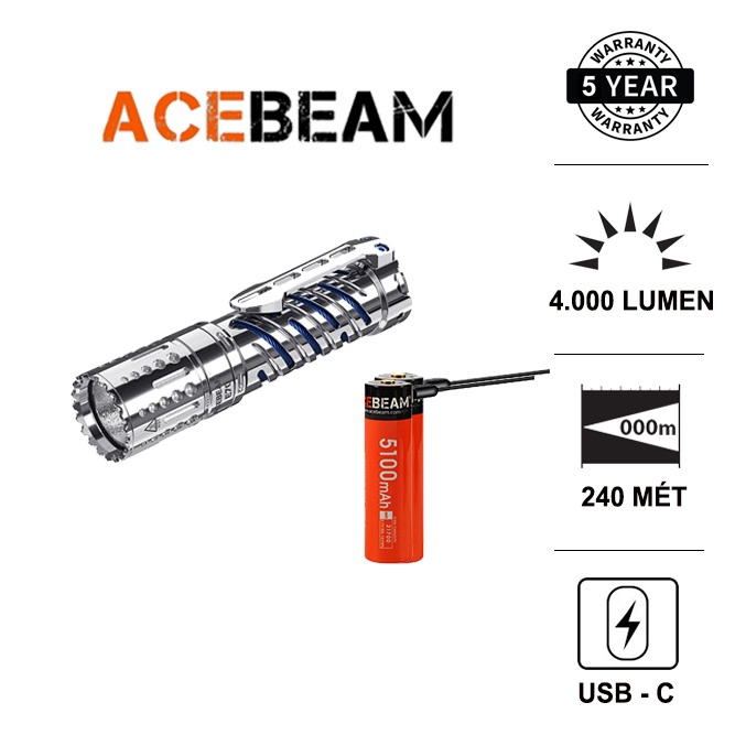 Đèn pin siêu sáng ACEBEAM STAINLESS STEEL E70 sáng 4000 lumen xa 220m LED XHP70.2  pin 21700 (kèm theo) Đèn &amp; Đèn pin